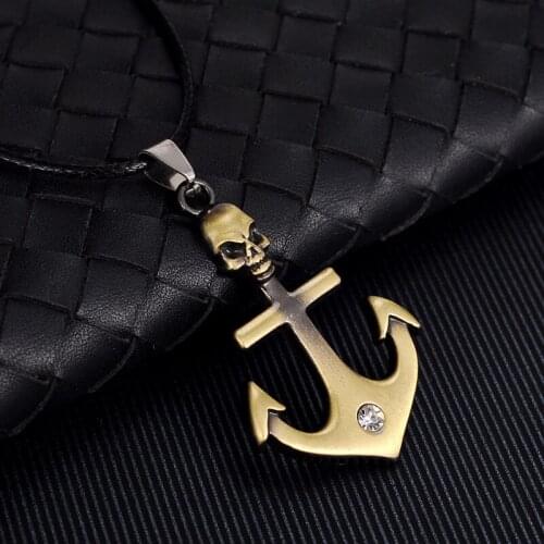 Vintage Siver Brass Color Human Head Anchor Pendant Necklaces for Men Punk Goth Jewelry Neck Accessories Boho Statement Necklace