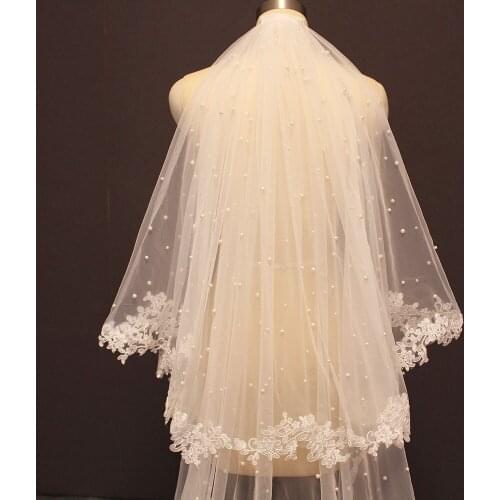 High Quality Pearls Wedding Veil 2 Tiers Bridal Veil with Comb Cover Face White Ivory 2 Meters Long Bride Veil Voile Mariage