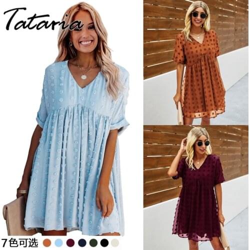 Women Causal Summer Dress 2021 Elegant Applique Chiffon Shirt Dress V Neck Loose Waist Sky Blue Soft Girl Mini Dresses Vestido