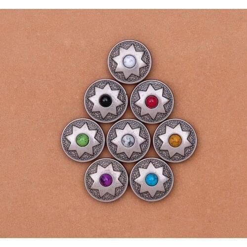 15mm 20pcs Antique Silver Lucky Star Flower Engraved Leathercraft Saddles Bag Belt Decoration Turquoise Conchos Set Rivet Back