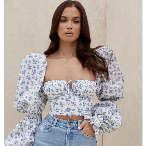 2021 Sexy Bodycon Womens Newest Puff Sleeve Sweetheart Neck Top Floral Short Top Fashion Wholesale