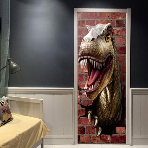 3D Self adhesive Door Sticker Tyrannosaurus Rex PVC Wall Sticker Home Decor Door Wallpaper Waterproof Sticker Door Decoration