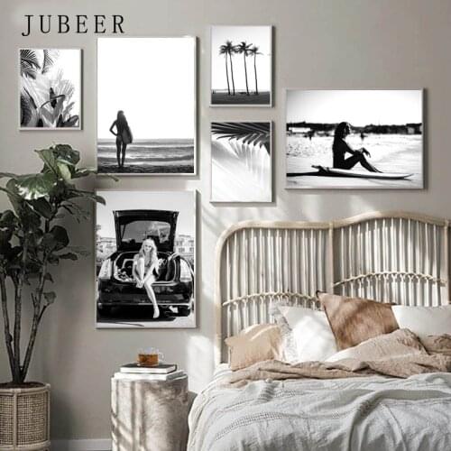 Black and White Wall Art Seascape Canvas Print Poster Beach Girl Surfboard Painting Landscape Tropical Palm Picture Home Decor