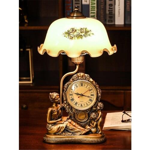 European Bronze Resin Beauty Table Lamps Bedroom Bedside American Retro Home Living Room Study Clock Deco Desk Lights Fixtures