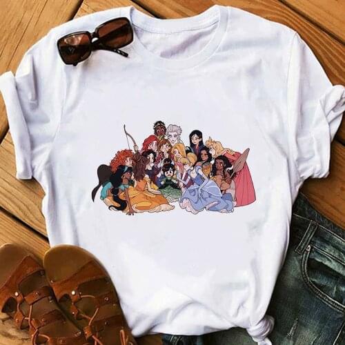 Pocahontas Merida Tiana Jasmine Mulan Princesses Party Print T Shirt Women Short Sleeve Loose Tshirt Summer Girl Tee Shirt Tops