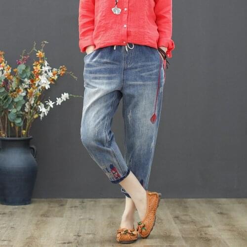 Summer Jeans Woman Casual Denim Pants Elastic Waist Vintage Embroidery Harem Jeans Women Denim Pantalon 2020 Plus Size