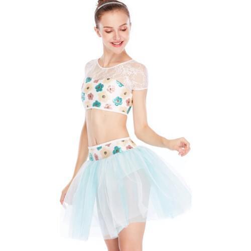 MiDee 2 Pieces Colorful Sequins Floral Crop Top Dance Costume Contemporary Dress Solo Competition Performance Dresses Outfits