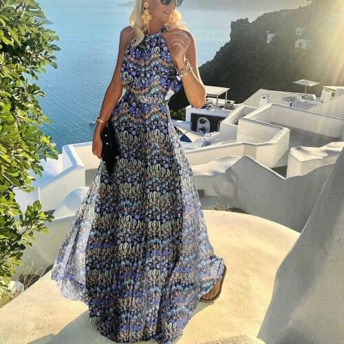 Fashion Sexy Halter Floral Print Pleated Long Dress Women O Neck Boho Beach Maxi Dresses Summer Sleeveless Elegant Party Dress
