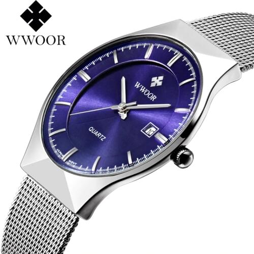 WWOOR watch men Luxury Ultra-thin Casual mens watch Blue Waterproof Stainless Steel Quartz Auto Date Fashion watches mens 2020