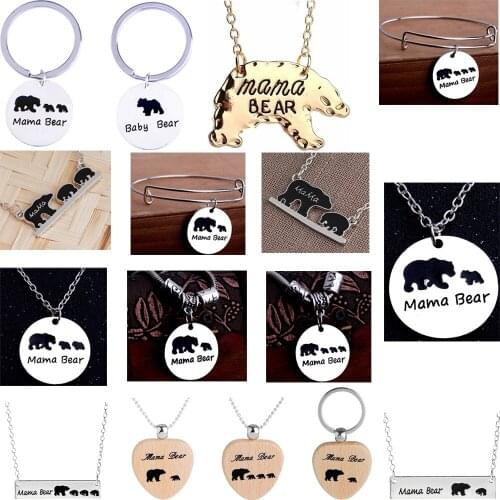 Family Love Mama Baby Bear Charm Women Necklace Bangle Bracelet Round Heart Pendant Keyring Mom Mum Mommy Mothers Day Jewelry