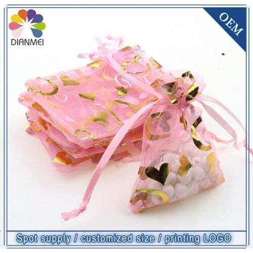 Wholesales 500pcs 7x9cm Pink Heart Jewelery Packaging Bags Organza Gift Wedding Candy Bags Pouches Tulle Gift Wrap Packages