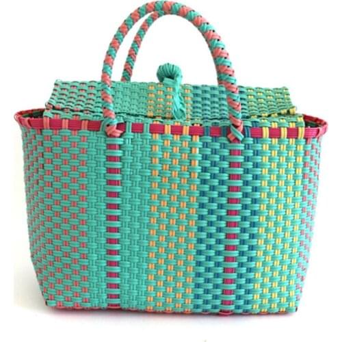 2 Color Women Durable Weave Beach Bag Woven Bucket Bag Casual Tote Handbags Bags Popular Receive Straw Plastic Braided Basket