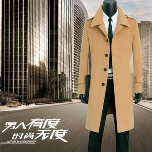 Khaki casual woolen coat men trench coats long sleeves thicken overcoat mens cashmere coat casaco masculino inverno england 902