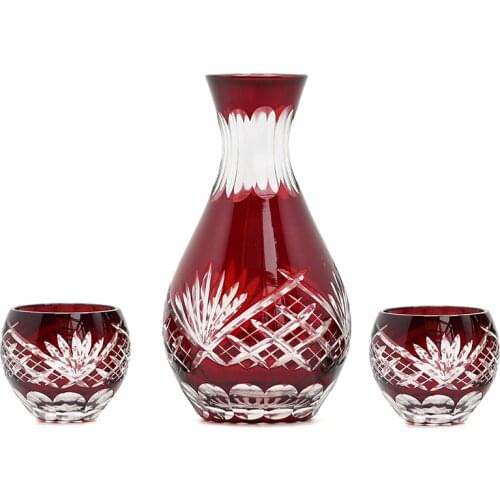 Luxury Japanese Sake Glass Bottle Artificially Carved Flower Vase With Wine Glass Red Blue Decanter