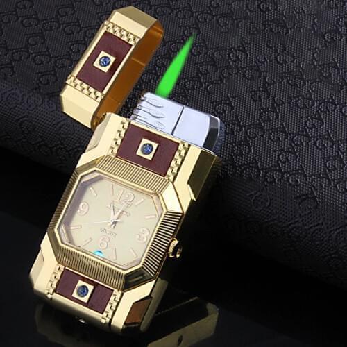 Luxurious Gold Watch Jet Lighter Torch Turbo Gas Lighter Windproof Cigar Cigarette Colorful Lights Led Inflated Gasoline Butane
