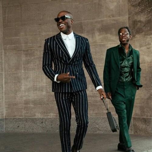 Navy Rope Stripe Mens Pants Suits Custom Made Formal Business Double Breasted Coat Blazer 2 pcs (Jacket+Pants)