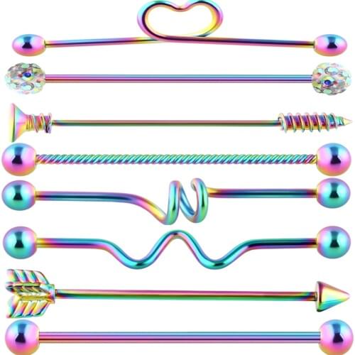 TIANCIFBYJS 14G 1-8pc Stainless Steel Industrial Barbell Earrings Heart Arrow Rainbow Ear Cartilage Helix-Conch Piercing Jewelry