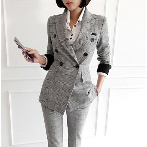 Women 2 piece set new style temperament double-breasted plaid blazer fashion professional trousers two piece set top and pants