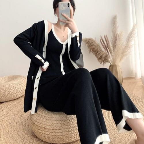 New Autumn Women 3 Piece Set Korean Elegant Vest Top + Cardigan + Wide-Leg Pants Set Suit Knit Casual Sweater Outfit For Women