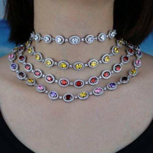2020 pastel rainbow colorful oval cz beads link chain 5A cubic zirconia iced out bling tennis necklace for women 16" 18"necklace