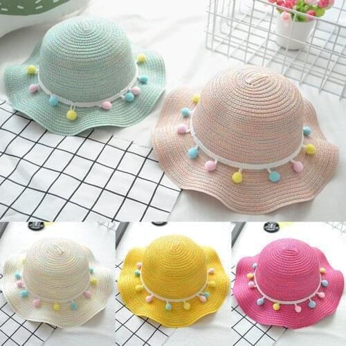 Summer Children Woven Straw Hat Shoulder Bag Set Kids Tassel Pompom Princess Baby Girls Sunscreen Beach Lace Wide Brim Sun Caps
