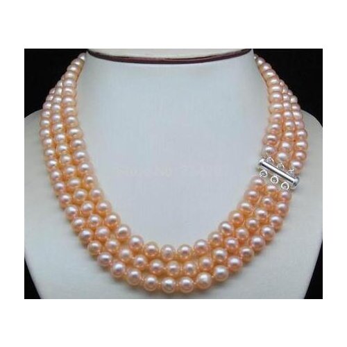Women Gift Freshwater Jewelry Genuine Natural Triple Strand AAA+ 6-7MM Pink pearl necklace