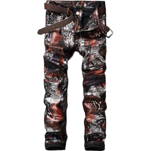 Idopy Men Coated Jeans Punk Printed Waxed Fashion Night Club Designer PU Stage Performance Pants For Male