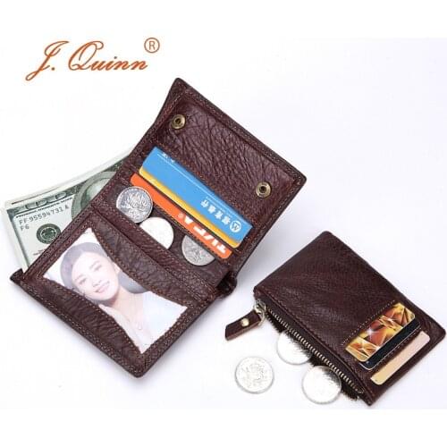 J.Quinn 2018 Genuine Leather Wallet Vintage Small Coin Purse Cowhide Men Wallets Male Short Slim Zipper Wallet Card Photo Holder