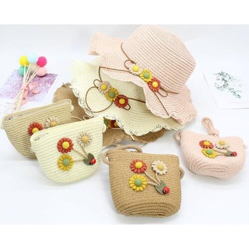 Seioum Two piece set child sun flower panama cap and handbags Outdoor princess girl kids straw hat UV protection hats caps bags