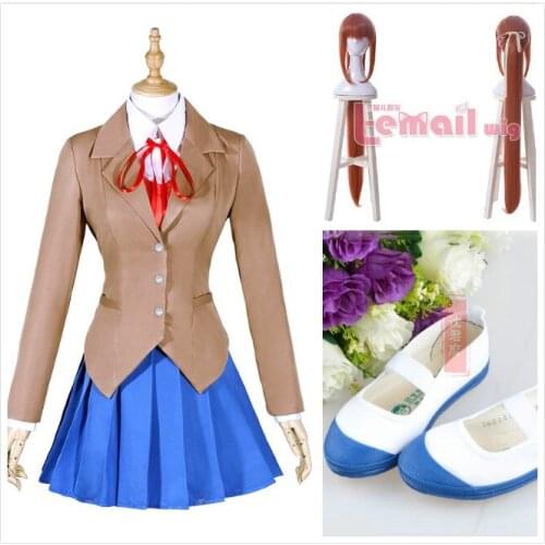 Anime Game Costume Full Set Doki Doki Literature Club Sayori Yuri Natsuki Monika Adult Cosplay Costume with Shoes Wig