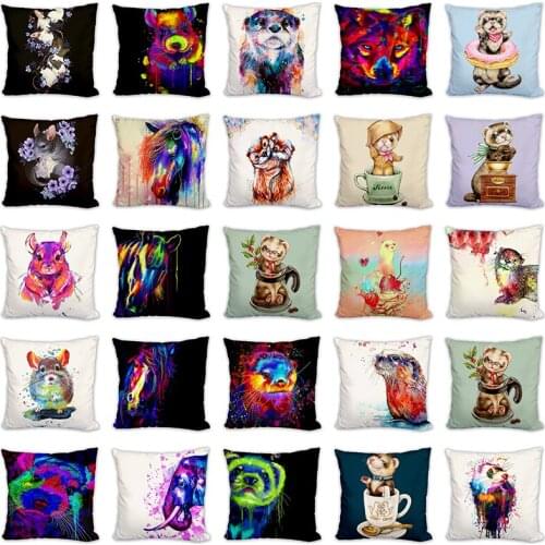 Colorful Ferret Cushion Cover Linen Pillow Case 45Cmx45Cm Square Office Home Decorative Pillows Cover Cojines Soft Plush Pillows