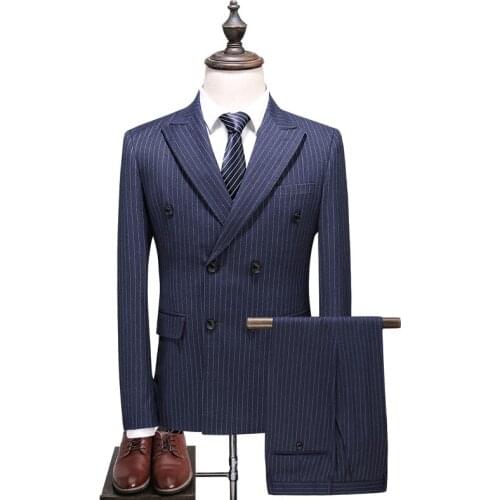 Mens Blue Gray Double Breasted Striped Suit 2018 Big Size S-5XL Slim Fit Business Suits New Fashion Wedding Groom 3 Piece Suit