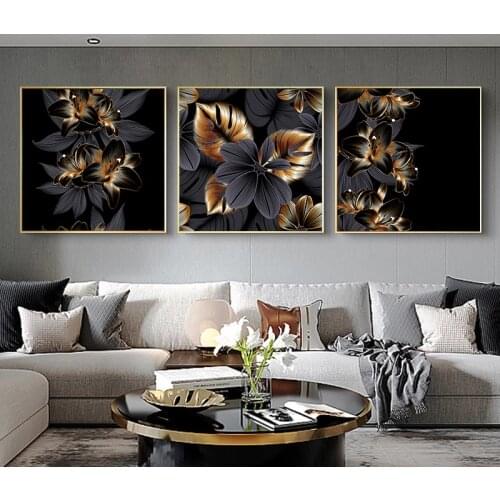 Black Golden Leaf Flower Canvas Paintings Wall Art Nordic Poster and Prints Modern Plant Decoration Picture For Bedroom Home