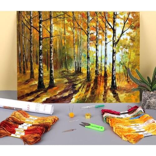 Autumn Birches Pre-Printed 11CT Cross-Stitch DIY Embroidery Kit DMC Threads Handicraft Sewing Handmade Hobby Counted Decor