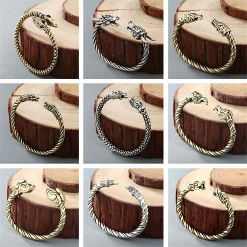 QIAMNI Vintage Double Dragon Head Bangle Wristband Cuff Bracelets Nordic Viking Pagan Men Jewelry Scandinavian Historical Charm