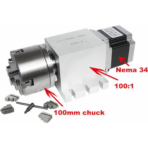 Diy CNC 4th Axis Rotary Axis Harmonic Drive Reducer 3 4 Jaw 100mm Chuck Speed Reducing Ratio 100:1 for Milling Machine for CNC