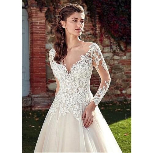 Long Sleeve Wedding Dress Sexy V-neck Light Wedding Dress Back Button A-line Princess Illusion Beach Wedding Gown Plus Size