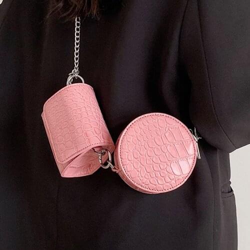 Stone Pattern PU Leather Round+Flap Crossbody Bag 2021 Luxury Chain Shoulder Bag and Purses