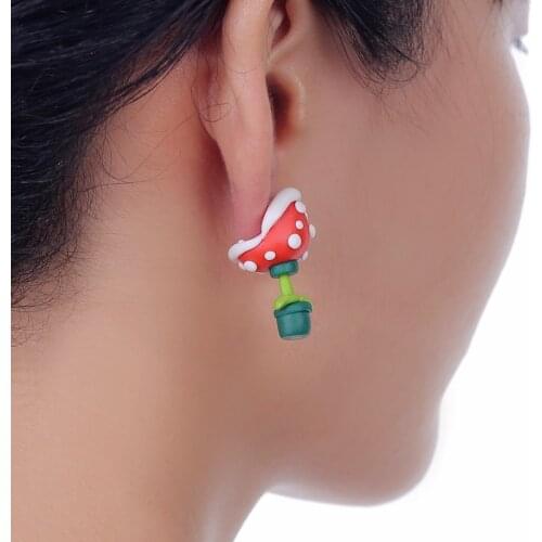 TTPAIAI 30 Brand Fashion Cartoon lovely Mario Piranha Plant Stud Earrings 100% Handmade Polymer Clay Cute Earrings For Women