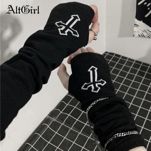 AltGirl Harajuku Gothic Punk Oversleeve Women Streetwear Vintage Grunge Emo Alt Cross Printed Half Finger Glove Sleeve Unisex
