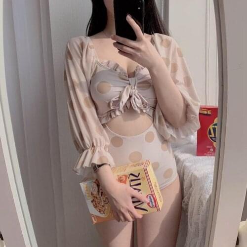 2021 Women One Piece Swimsuit Long Sleeves Beach Wear Vintage Bathing Suit Korean Style Monokini Print Summer Bodysuit