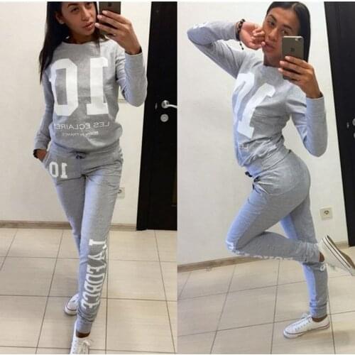 2 Piece Set Suit Women Gray Grunge Casual Sports Style Top+Pants Suit Tracksuit Pullover Trousers Full Printed Number 01 Clothes
