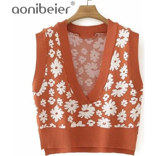 Aonibeier 2021 Za Woman Casual Traf Autumn Sleeveless Floral Jacquard Knit Jumper V Neck High Low Crop Tops Sweaters Vest Gilets