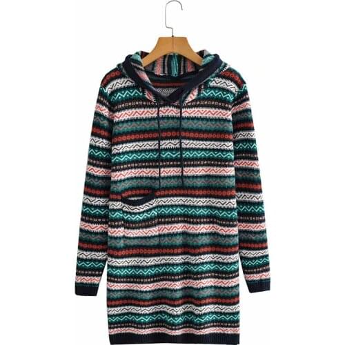 2021 New Autumn Winter Women Vintage Knitted Knee-length Long Striped Sweater Lady Indie Folk Hooded Collar Pullover Dresses