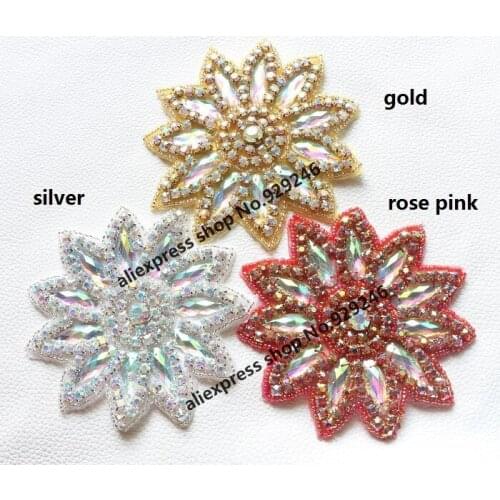 1 pc round flower crystal gold rose pink applique flatback hotfix rhinestone flower trimmings for dancing dress embellishments