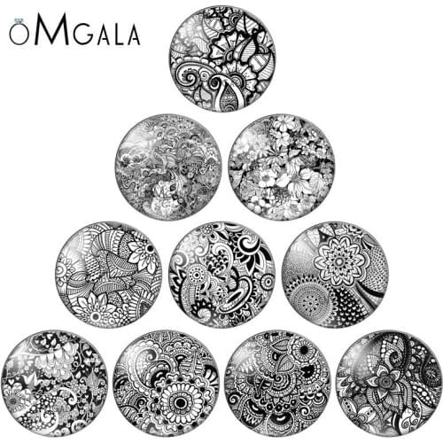 Fashion White Black Flowers Patterns 10pcs 10mm/12mm/18mm/20mm/25mm Round photo glass cabochon demo flat back Making findings