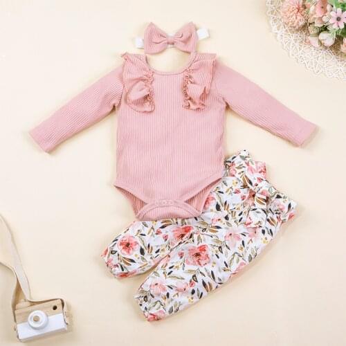 3Pcs Spring Autumn Baby Girls Romper Floral Pants Headband Outfits Sets 0-18M Lovely Newborn Clothing