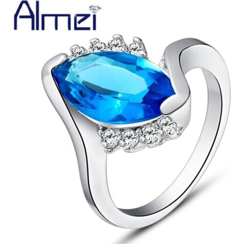 Almei Women Fashion CZ Zircon Rings with Blue Red Stones Wedding Bridals Silver Color Vintage Jewelry Crystal Anel Female J408