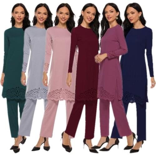 Middle Eastern Muslim Women Set Abaya Dress Two-Piece Kaftan Slim Arab Tops Pant Suit Dubai Casual Hollow Out Splicing Dress Eid
