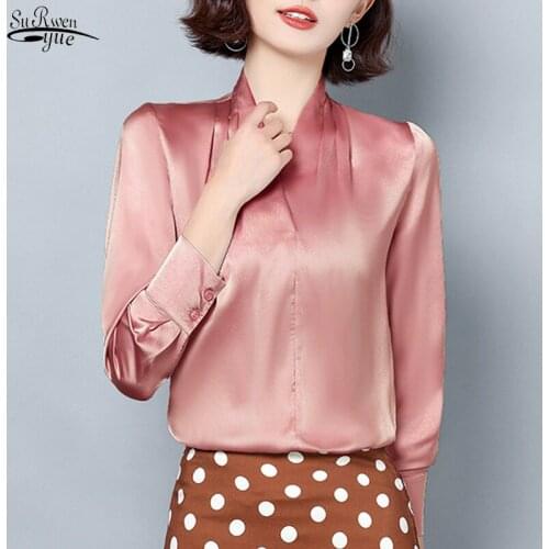 Office Lady Solid 3 Colors V-neck Plus Size Loose Professional Tops Silk Satin Shirt Women Elegant Fashion Silk Blouse 3XL 10855